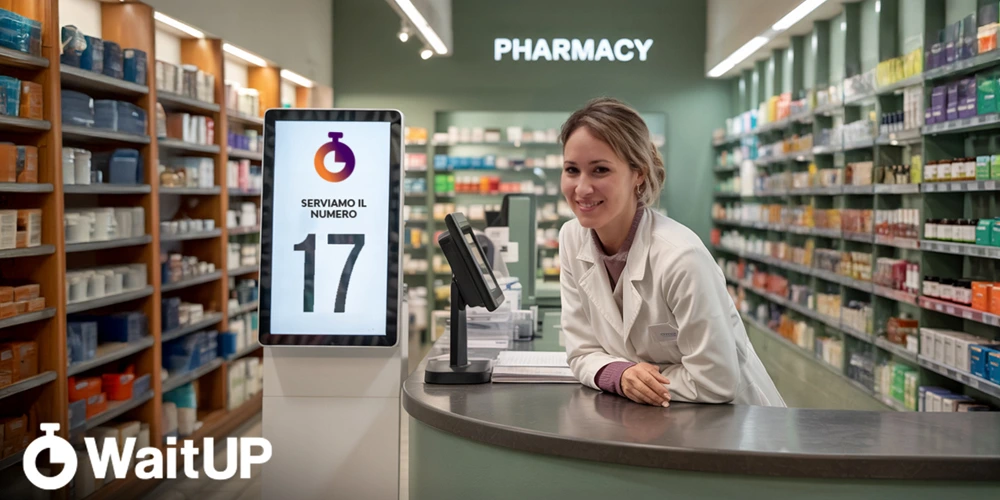 Il sistema eliminacode WaitUP impiegato all'interno di una farmacia.